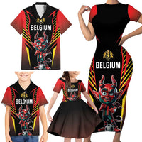 Custom Belgium Football Family Matching Short Sleeve Bodycon Dress and Hawaiian Shirt Les Diables rouges Devil Mascot