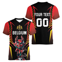 Custom Belgium Football Women V-Neck T-Shirt Les Diables rouges Devil Mascot