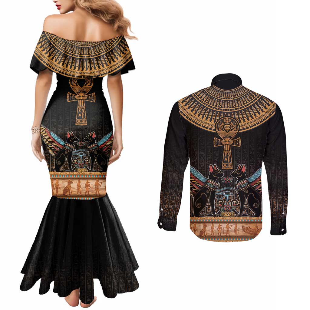 Ankh Egypt Couples Matching Mermaid Dress and Long Sleeve Button Shirt Ankh Egyptian Hieroglyphs Alphabet