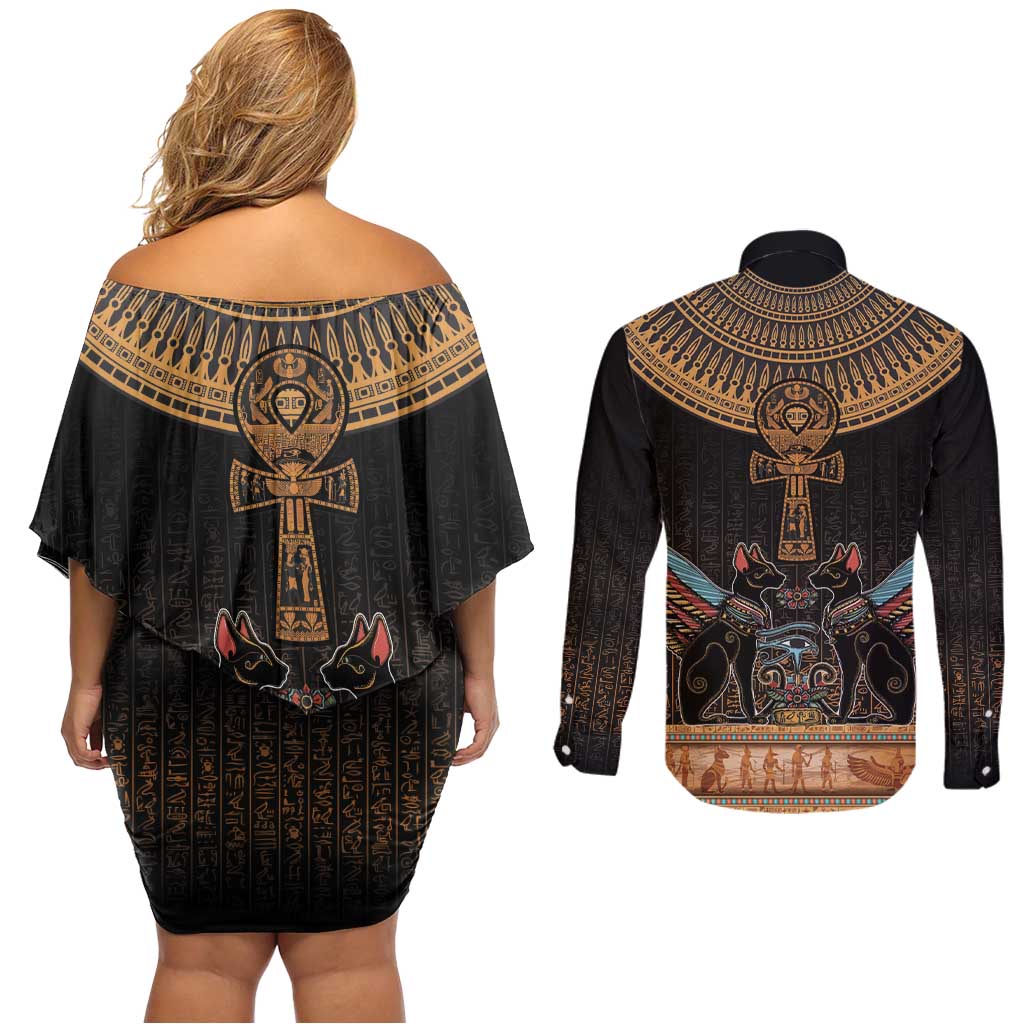 Ankh Egypt Couples Matching Off Shoulder Short Dress and Long Sleeve Button Shirt Ankh Egyptian Hieroglyphs Alphabet