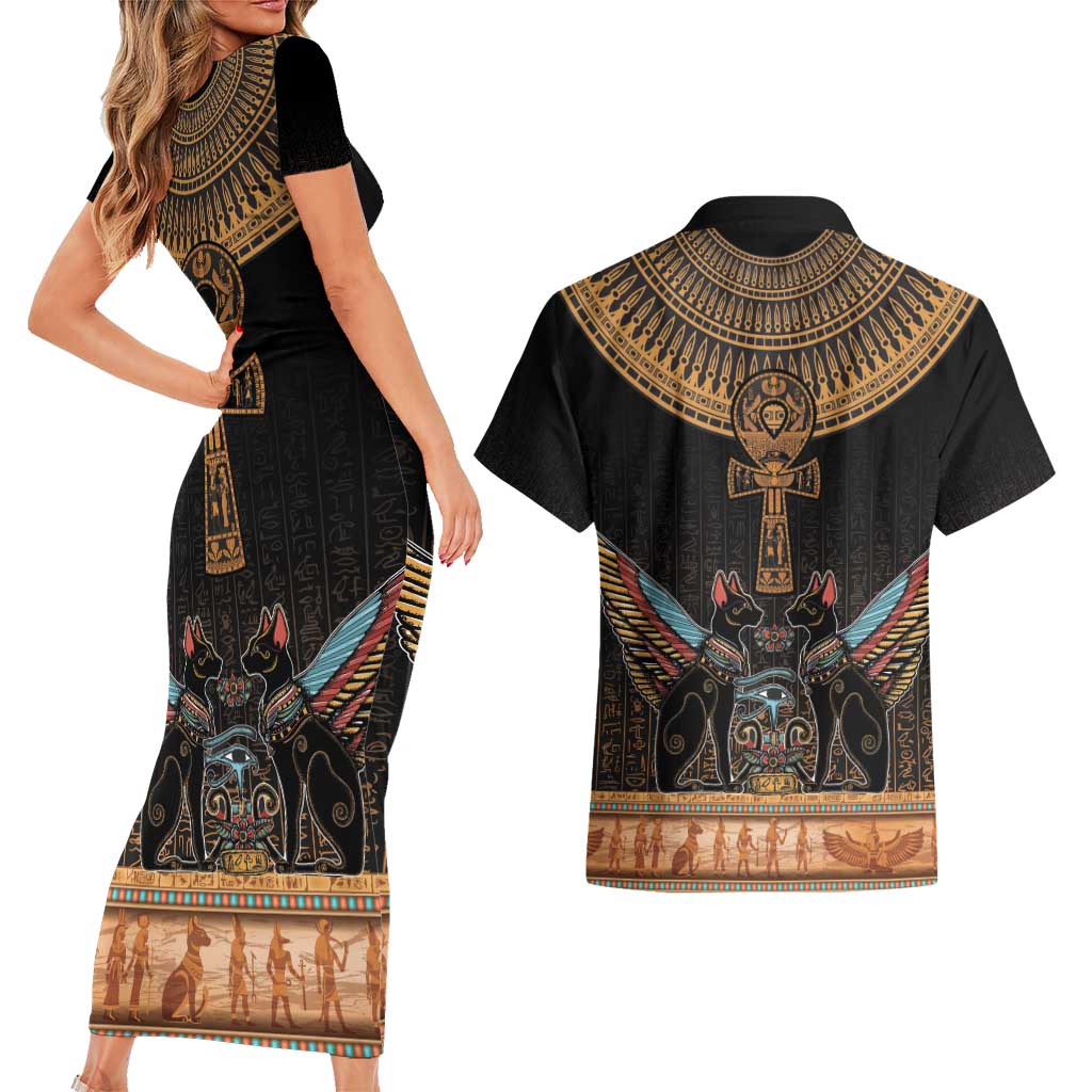Ankh Egypt Couples Matching Short Sleeve Bodycon Dress and Hawaiian Shirt Ankh Egyptian Hieroglyphs Alphabet