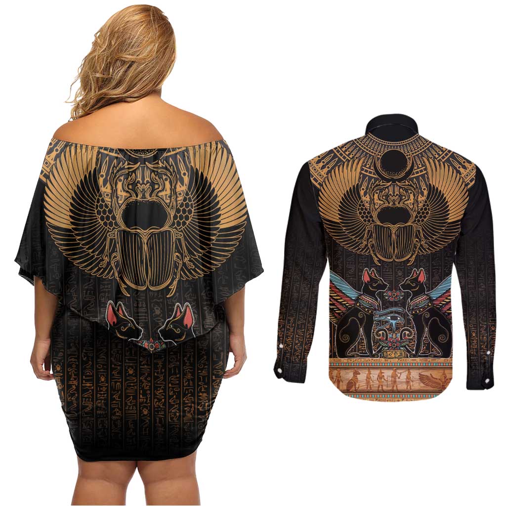 The Scarab Beetle Couples Matching Off Shoulder Short Dress and Long Sleeve Button Shirt Egyptian Hieroglyphs Alphabet