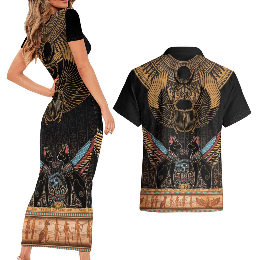 The Scarab Beetle Couples Matching Short Sleeve Bodycon Dress and Hawaiian Shirt Egyptian Hieroglyphs Alphabet