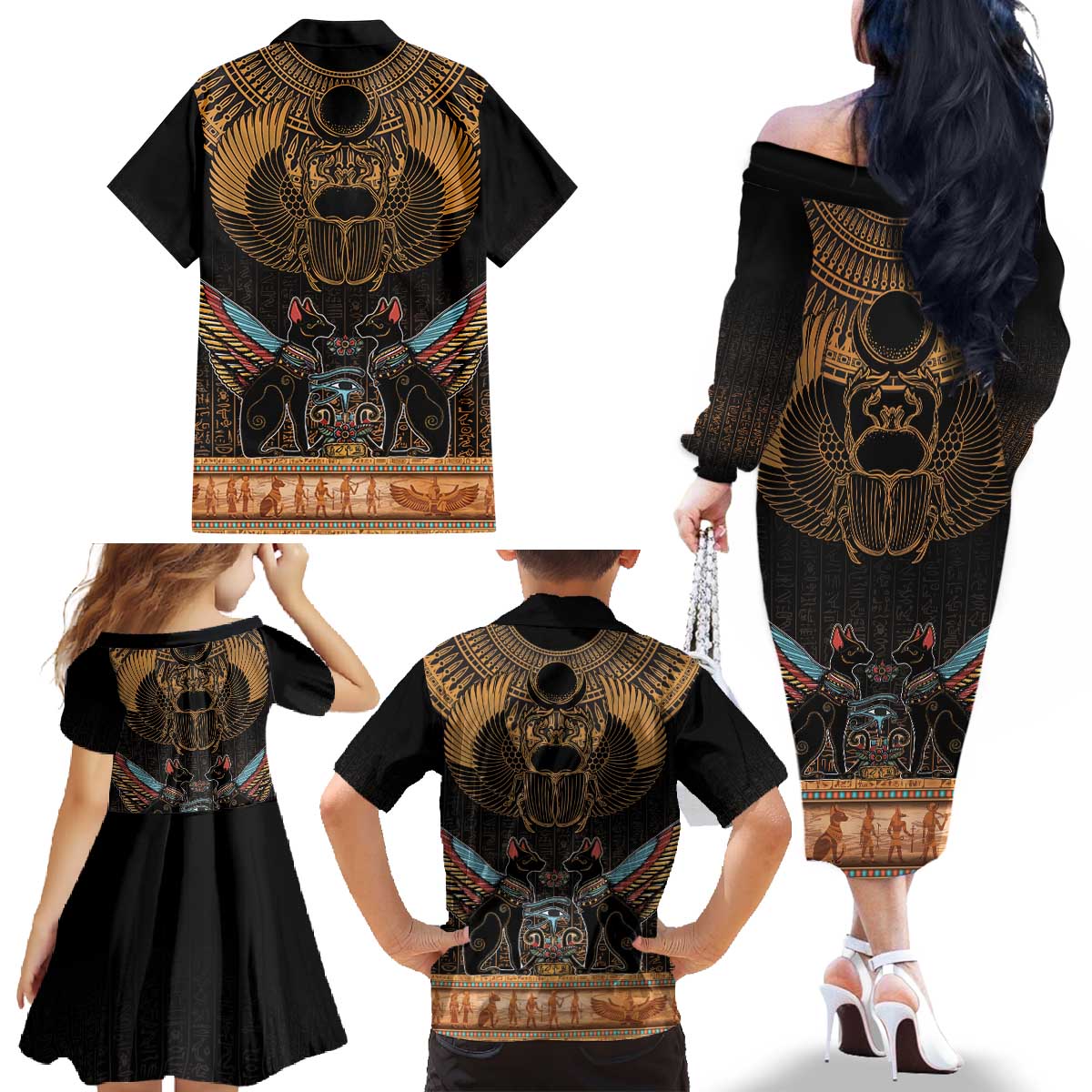The Scarab Beetle Family Matching Off The Shoulder Long Sleeve Dress and Hawaiian Shirt Egyptian Hieroglyphs Alphabet