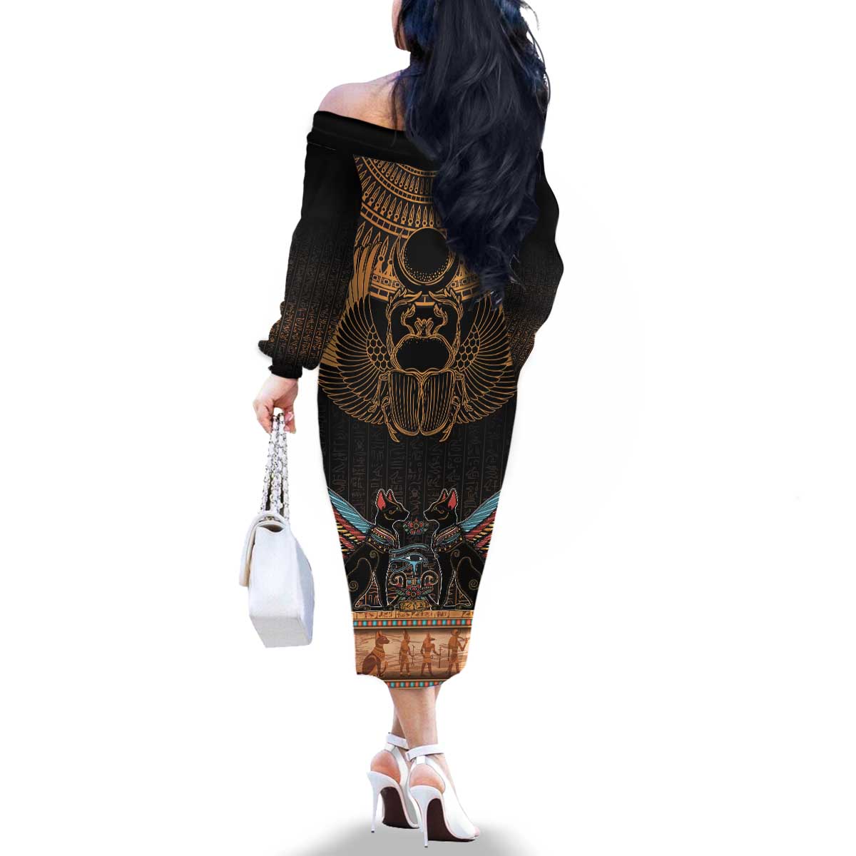 The Scarab Beetle Family Matching Off The Shoulder Long Sleeve Dress and Hawaiian Shirt Egyptian Hieroglyphs Alphabet