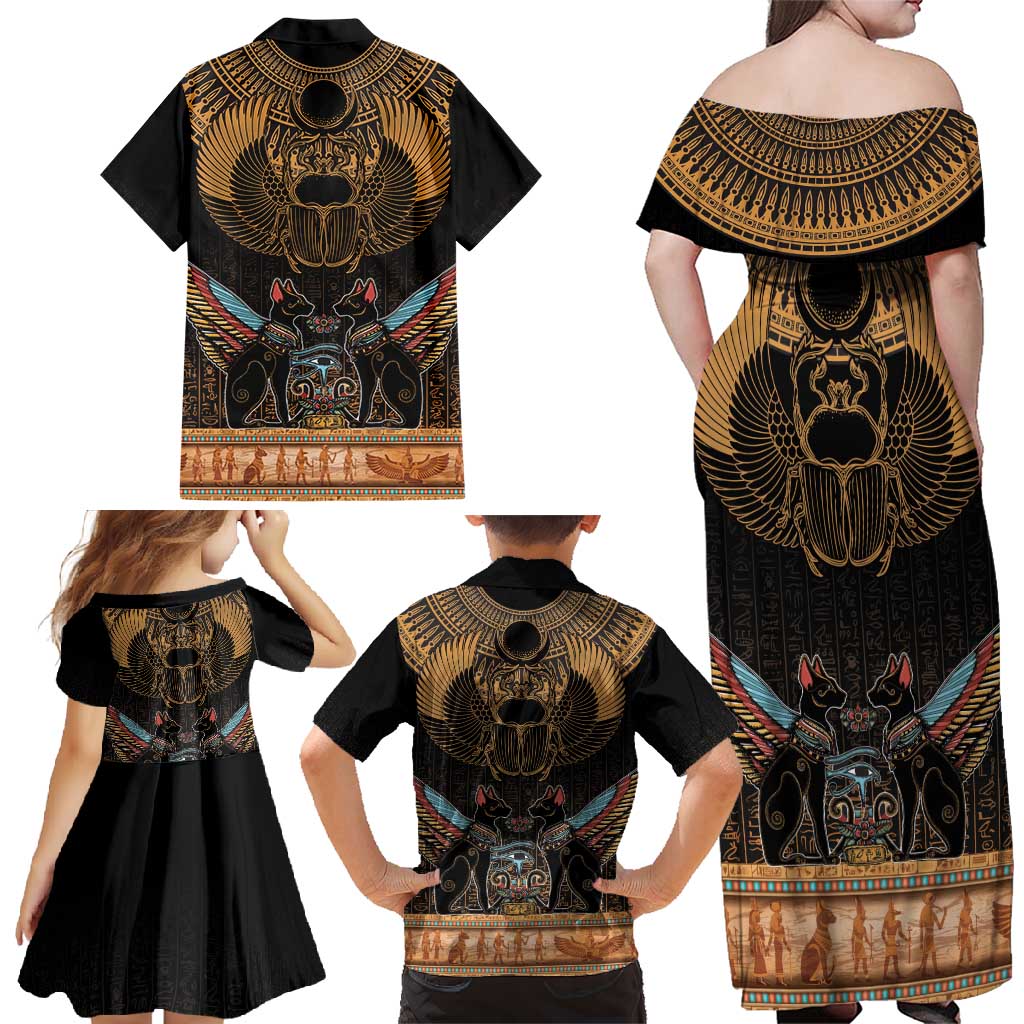 The Scarab Beetle Family Matching Off Shoulder Maxi Dress and Hawaiian Shirt Egyptian Hieroglyphs Alphabet