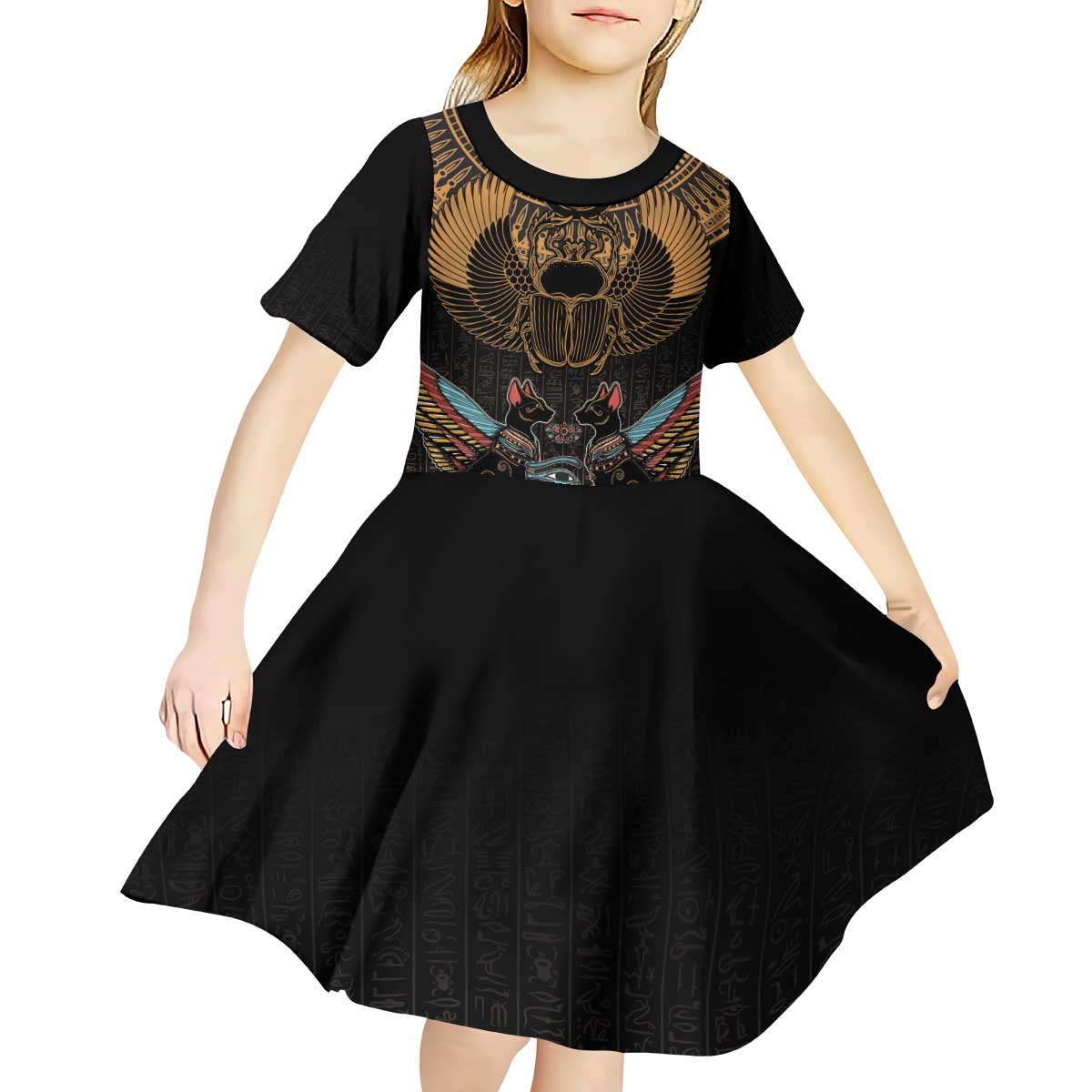 The Scarab Beetle Kid Short Sleeve Dress Egyptian Hieroglyphs Alphabet