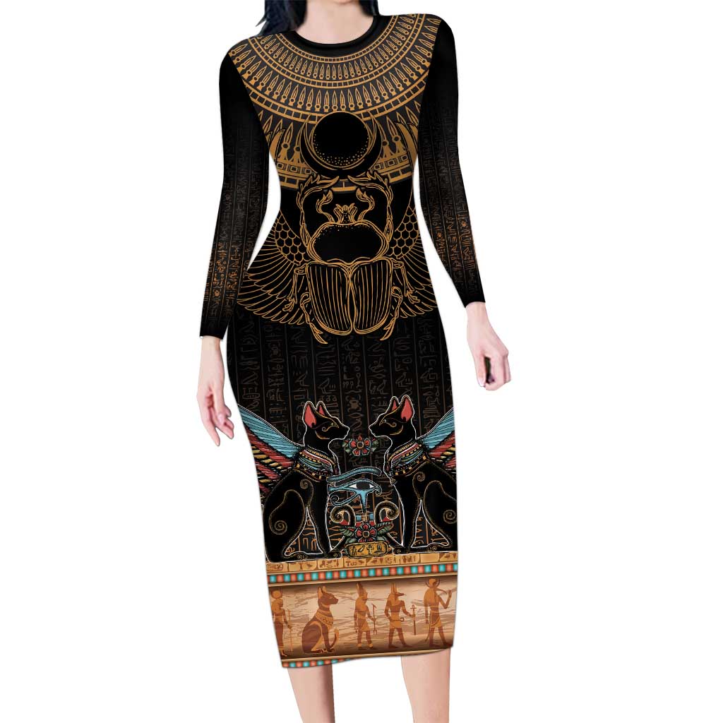 The Scarab Beetle Long Sleeve Bodycon Dress Egyptian Hieroglyphs Alphabet