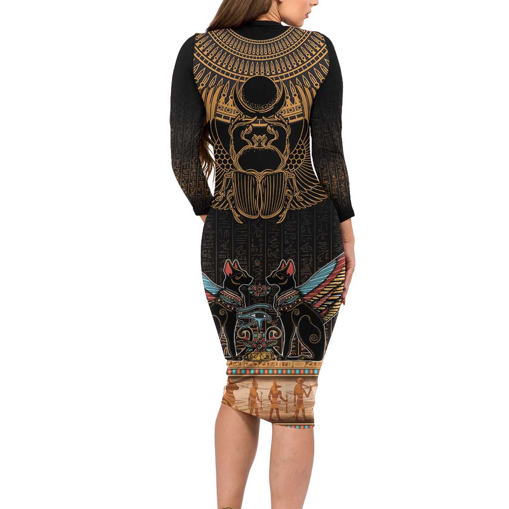 The Scarab Beetle Long Sleeve Bodycon Dress Egyptian Hieroglyphs Alphabet