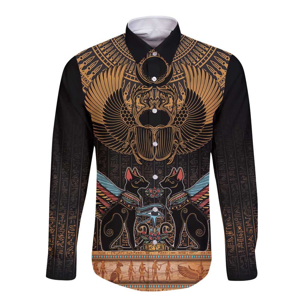 The Scarab Beetle Long Sleeve Button Shirt Egyptian Hieroglyphs Alphabet