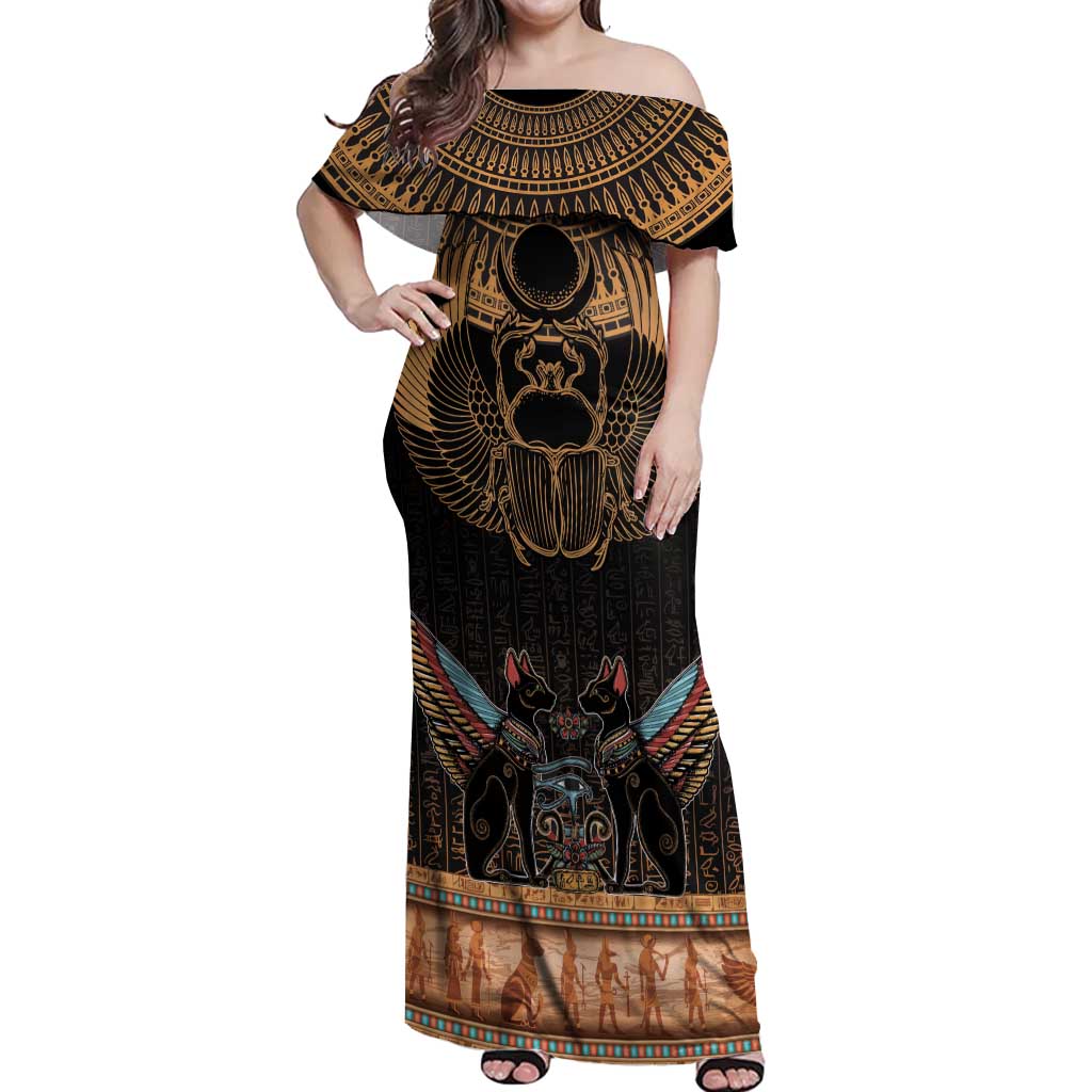 The Scarab Beetle Off Shoulder Maxi Dress Egyptian Hieroglyphs Alphabet