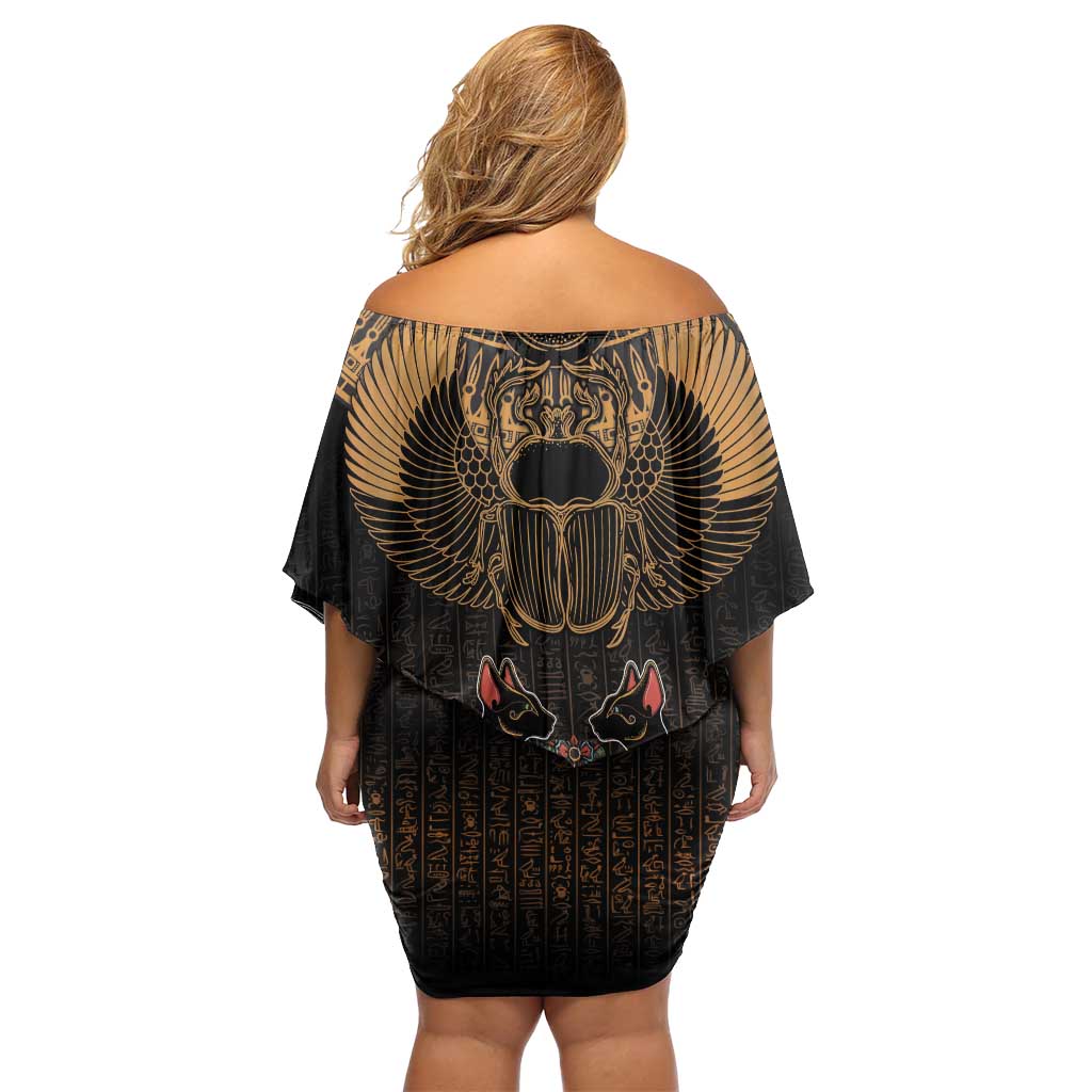 The Scarab Beetle Off Shoulder Short Dress Egyptian Hieroglyphs Alphabet