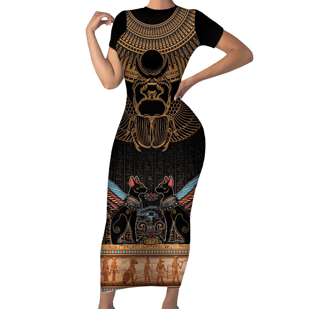 The Scarab Beetle Short Sleeve Bodycon Dress Egyptian Hieroglyphs Alphabet