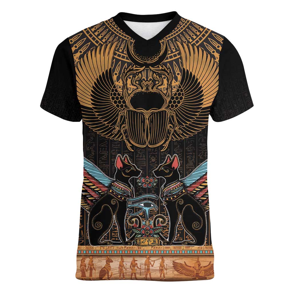 The Scarab Beetle Women V-Neck T-Shirt Egyptian Hieroglyphs Alphabet