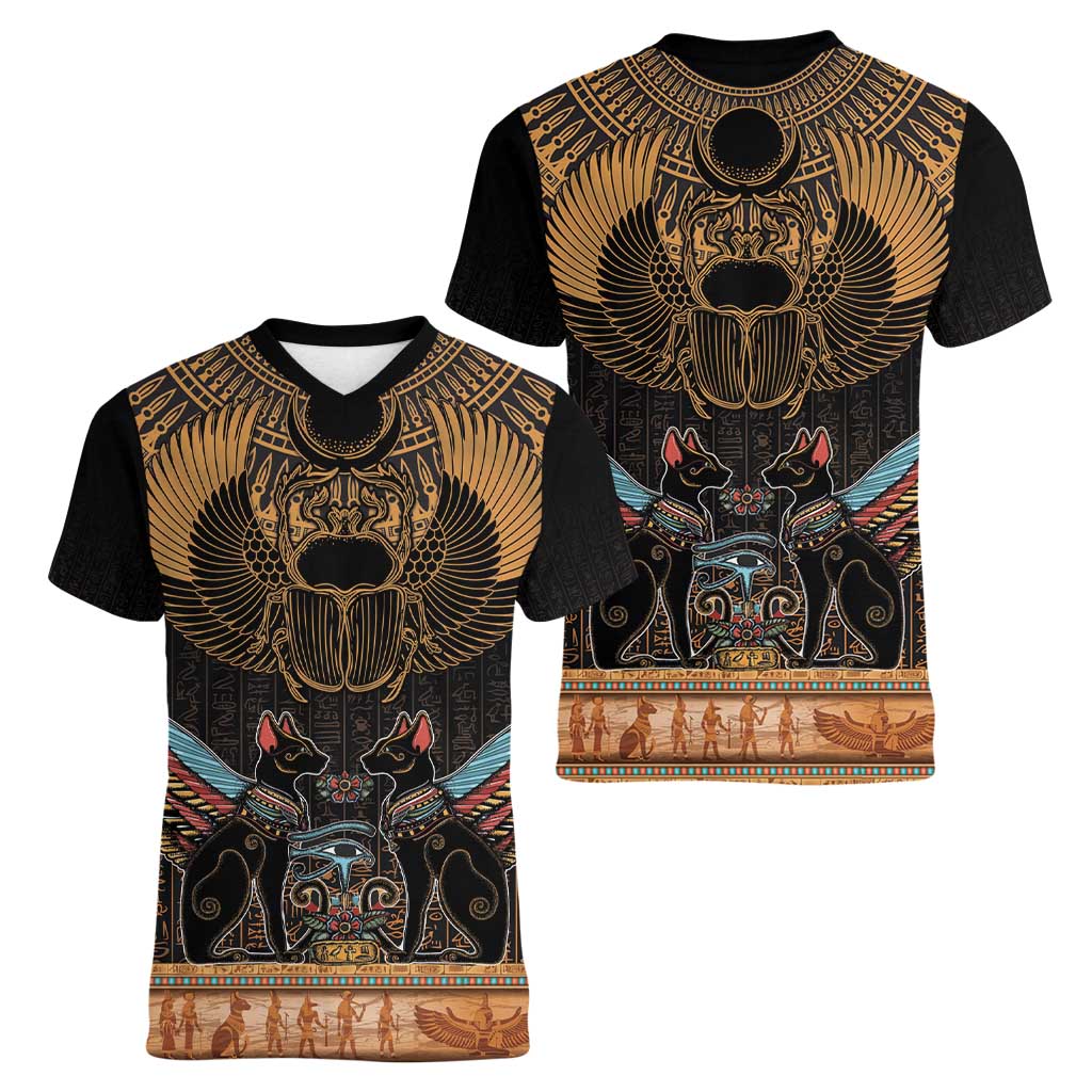 The Scarab Beetle Women V-Neck T-Shirt Egyptian Hieroglyphs Alphabet