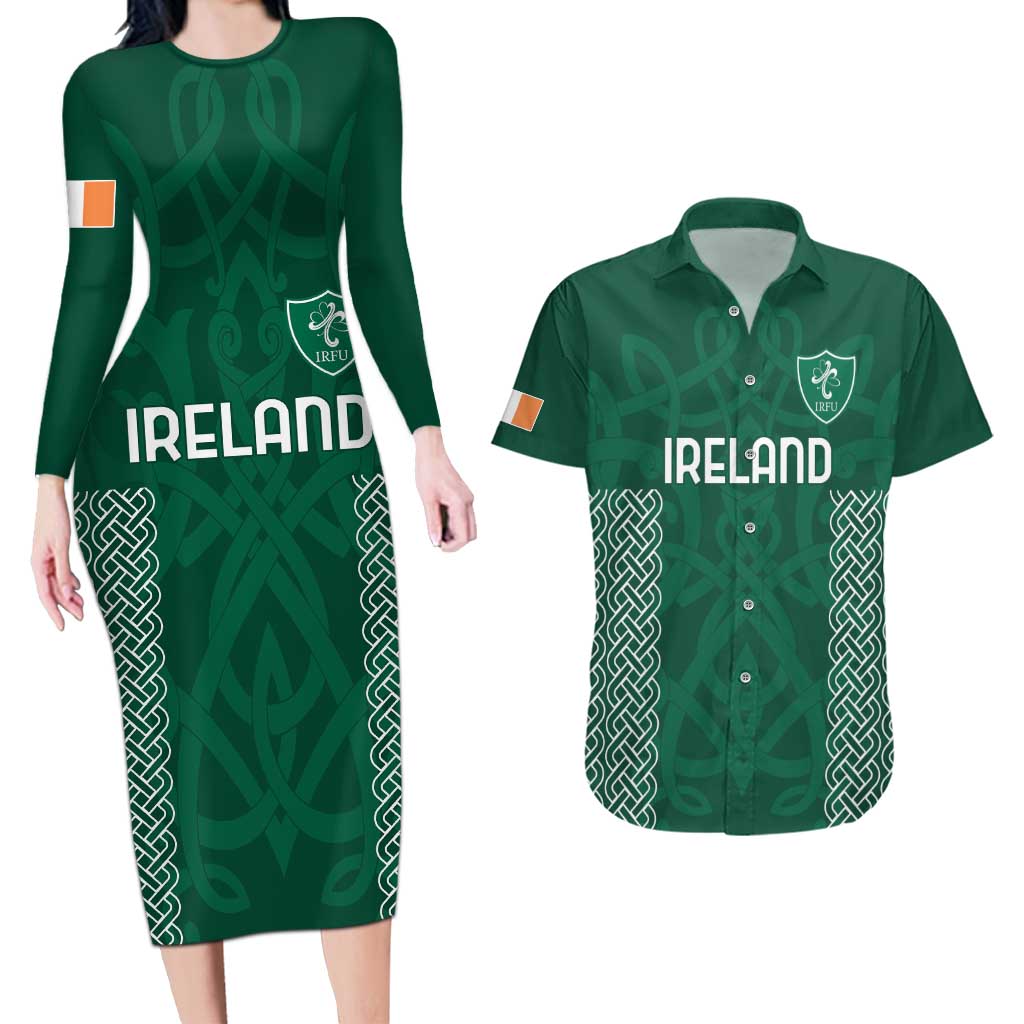 Custom Ireland Rugby Couples Matching Long Sleeve Bodycon Dress and Hawaiian Shirt Come On Shamrock