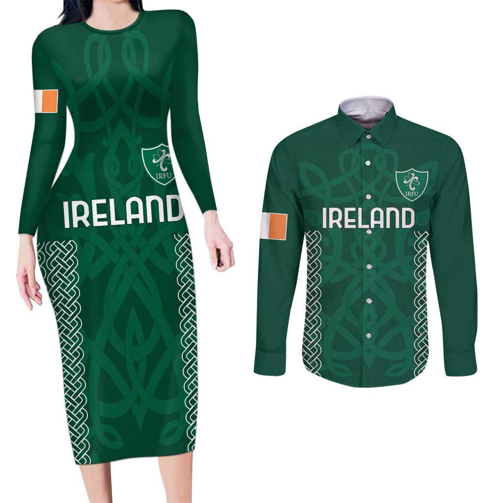 Custom Ireland Rugby Couples Matching Long Sleeve Bodycon Dress and Long Sleeve Button Shirt Come On Shamrock