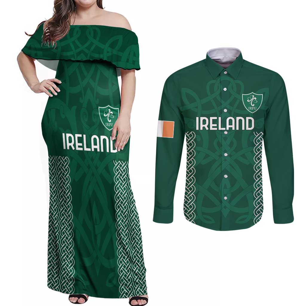 Custom Ireland Rugby Couples Matching Off Shoulder Maxi Dress and Long Sleeve Button Shirt Come On Shamrock