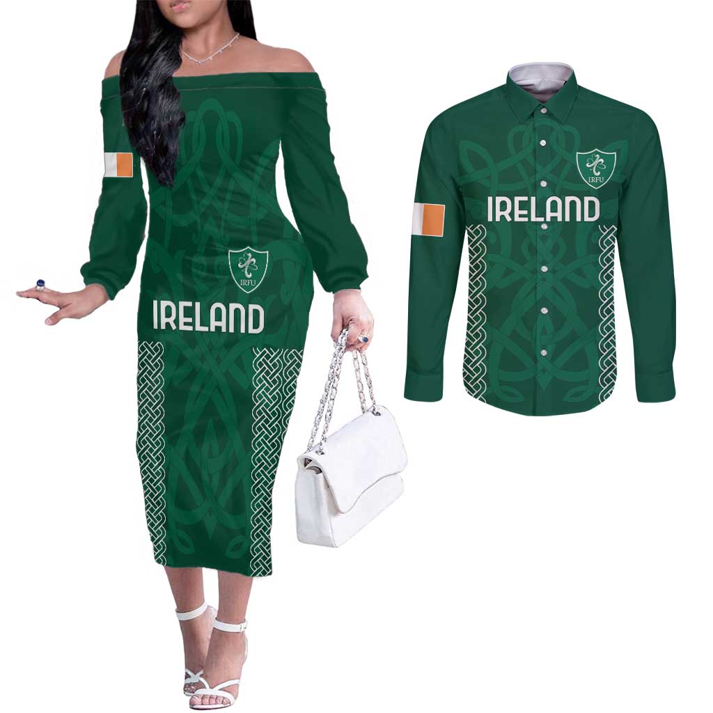 Custom Ireland Rugby Couples Matching Off The Shoulder Long Sleeve Dress and Long Sleeve Button Shirt Come On Shamrock