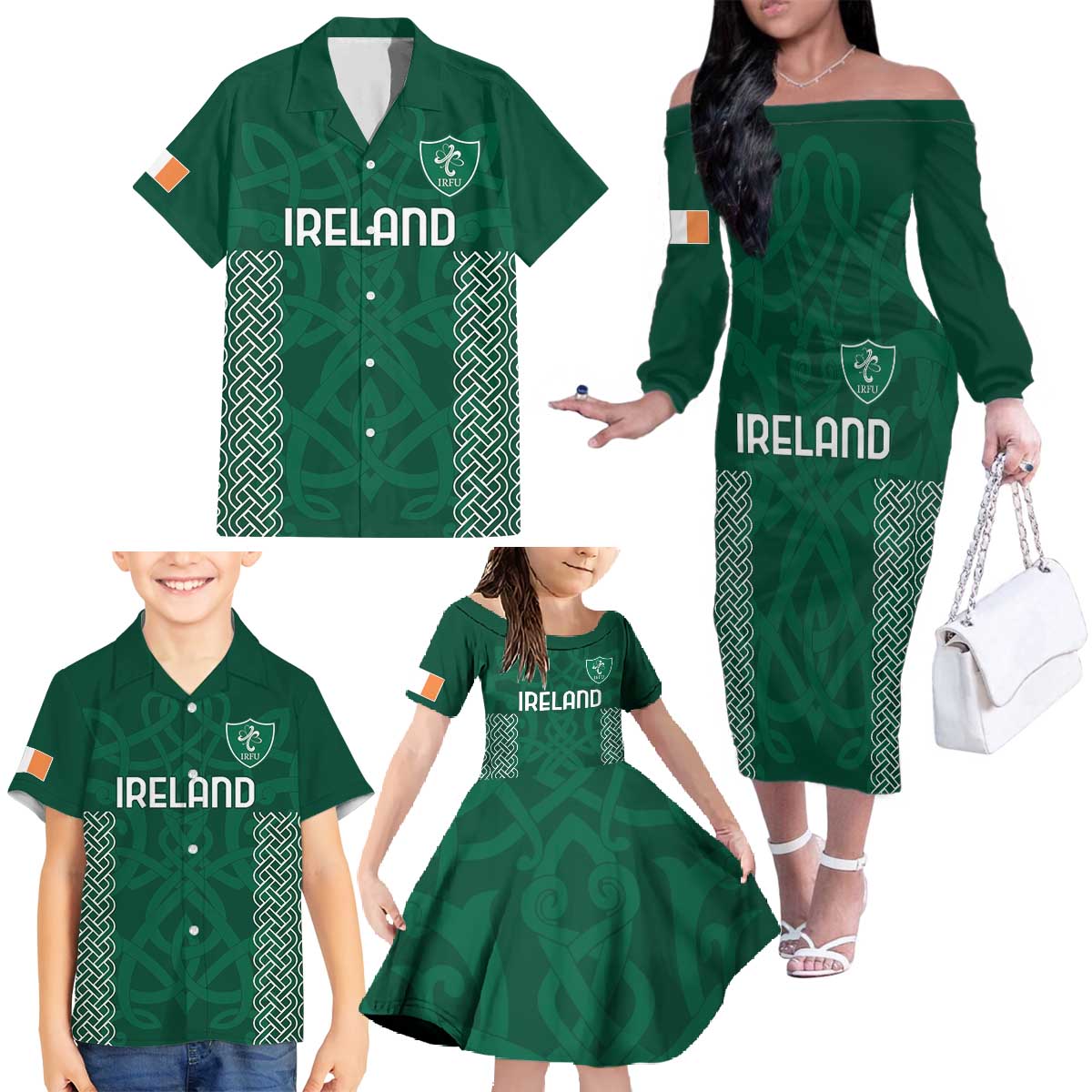 Custom Ireland Rugby Family Matching Off The Shoulder Long Sleeve Dress and Hawaiian Shirt Come On Shamrock