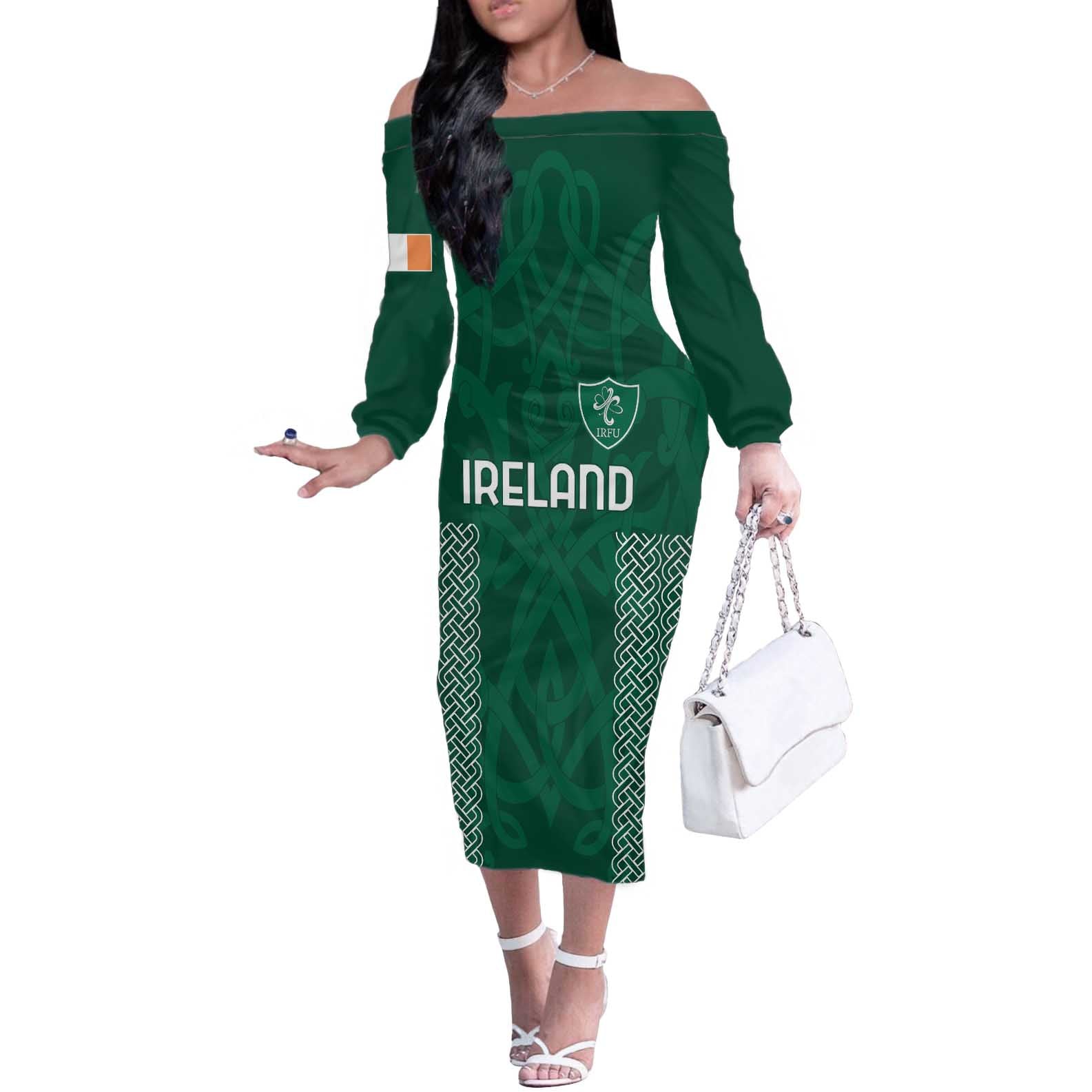 Custom Ireland Rugby Off The Shoulder Long Sleeve Dress Come On Shamrock