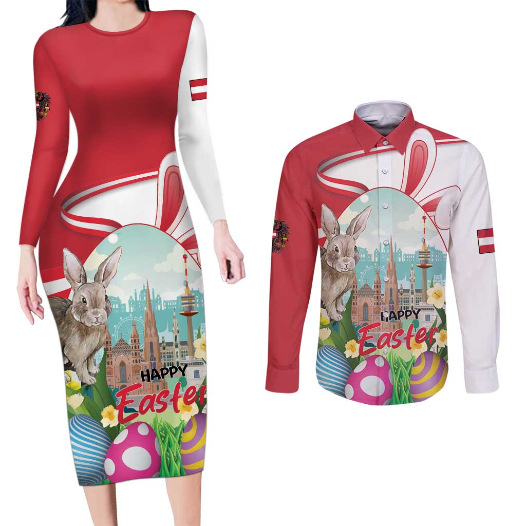 Happy Easter Austria Couples Matching Long Sleeve Bodycon Dress and Long Sleeve Button Shirt Easter Eggs With St. Stephen's Cathedral