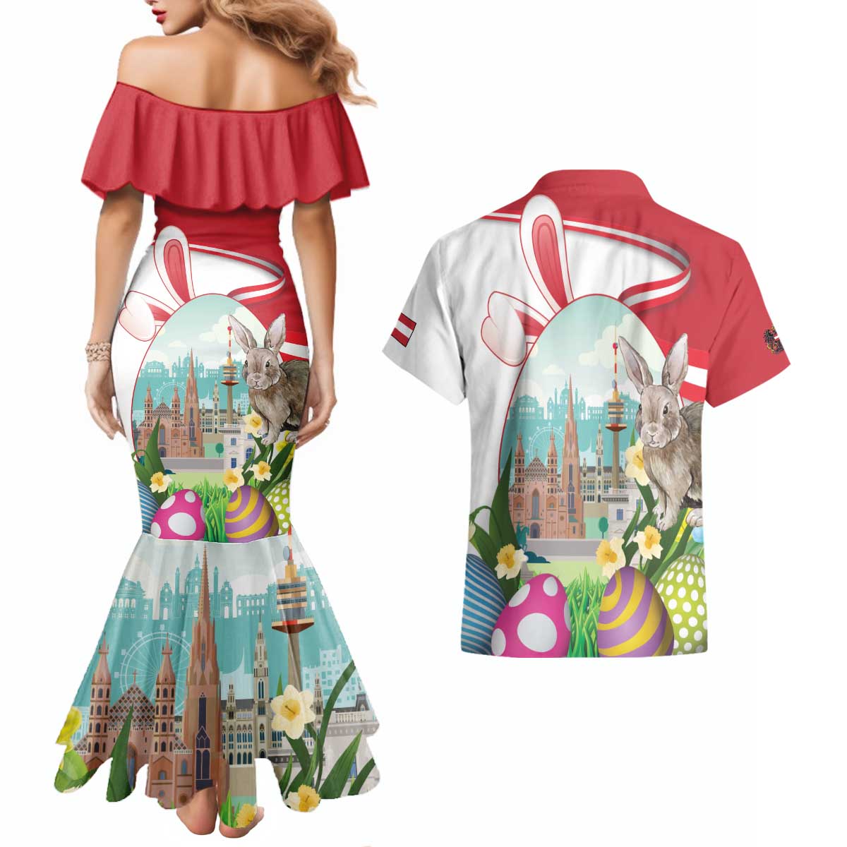 Happy Easter Austria Couples Matching Mermaid Dress and Hawaiian Shirt Easter Eggs With St. Stephen's Cathedral