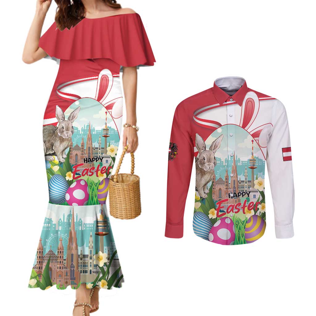 Happy Easter Austria Couples Matching Mermaid Dress and Long Sleeve Button Shirt Easter Eggs With St. Stephen's Cathedral