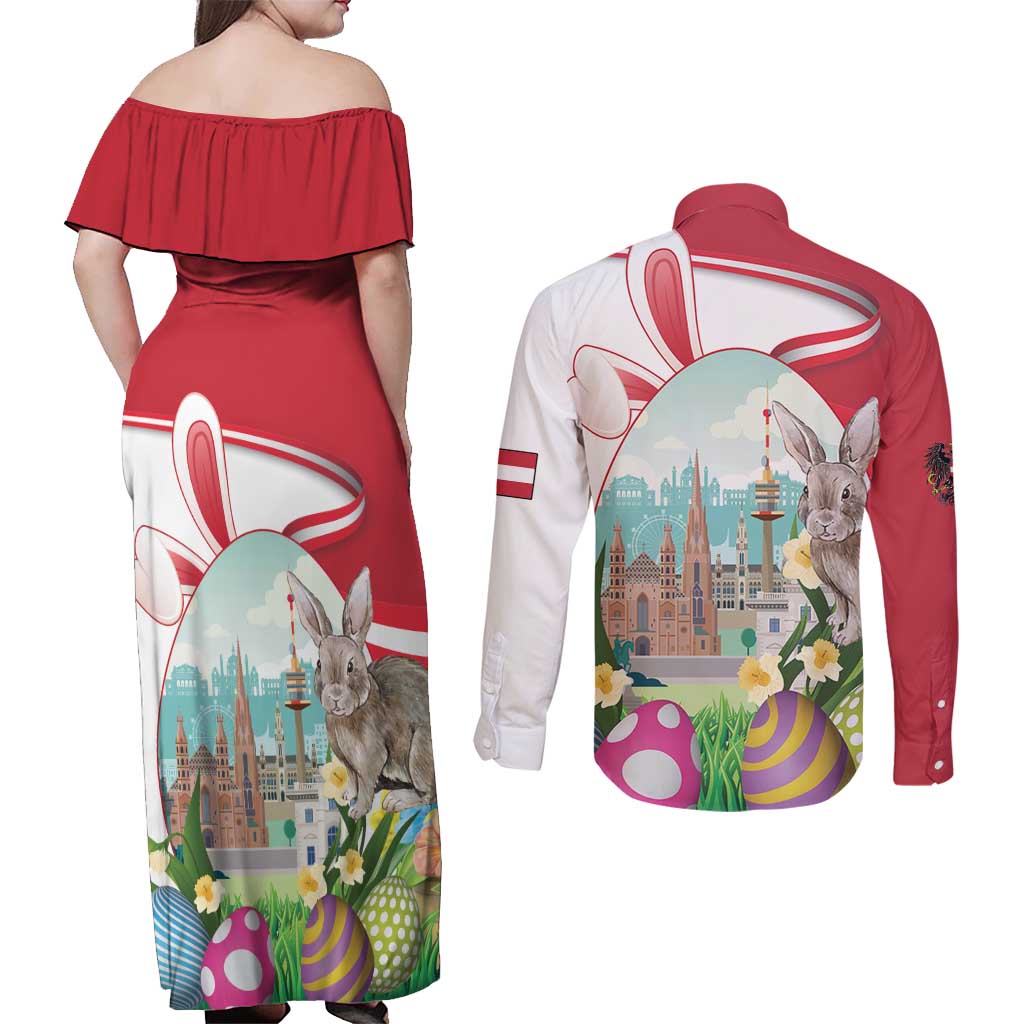 Happy Easter Austria Couples Matching Off Shoulder Maxi Dress and Long Sleeve Button Shirt Easter Eggs With St. Stephen's Cathedral