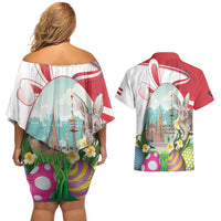 Happy Easter Austria Couples Matching Off Shoulder Short Dress and Hawaiian Shirt Easter Eggs With St. Stephen's Cathedral
