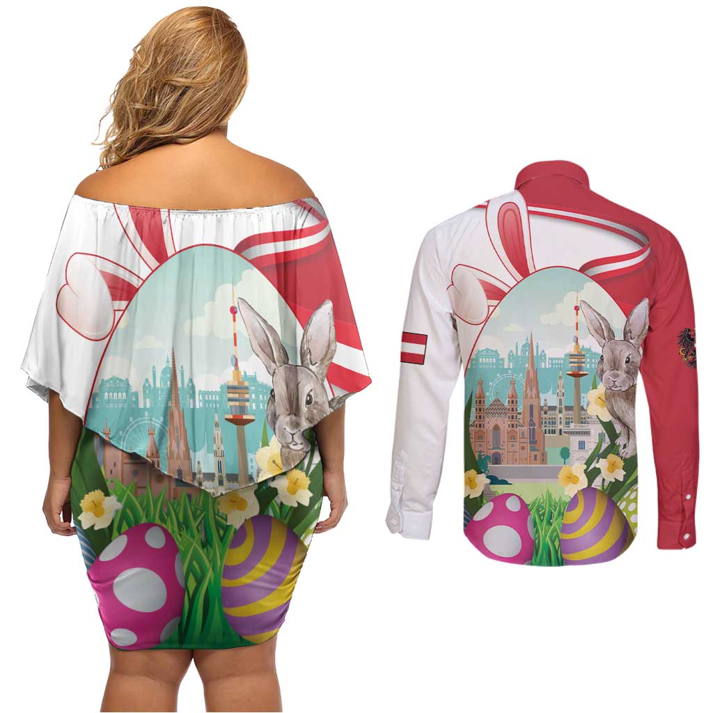 Happy Easter Austria Couples Matching Off Shoulder Short Dress and Long Sleeve Button Shirt Easter Eggs With St. Stephen's Cathedral