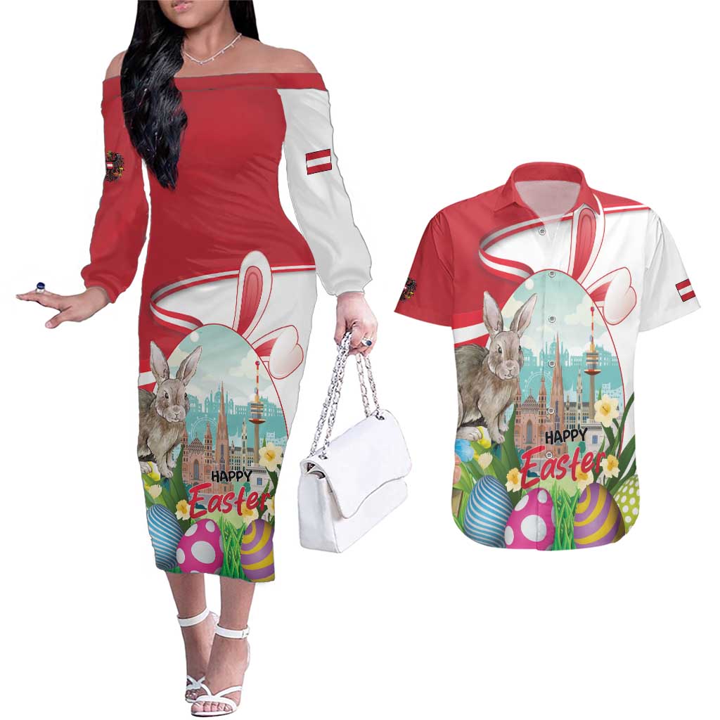 Happy Easter Austria Couples Matching Off The Shoulder Long Sleeve Dress and Hawaiian Shirt Easter Eggs With St. Stephen's Cathedral