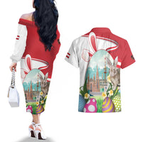 Happy Easter Austria Couples Matching Off The Shoulder Long Sleeve Dress and Hawaiian Shirt Easter Eggs With St. Stephen's Cathedral