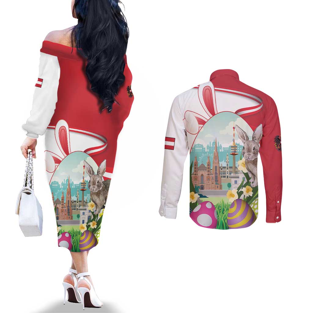 Happy Easter Austria Couples Matching Off The Shoulder Long Sleeve Dress and Long Sleeve Button Shirt Easter Eggs With St. Stephen's Cathedral