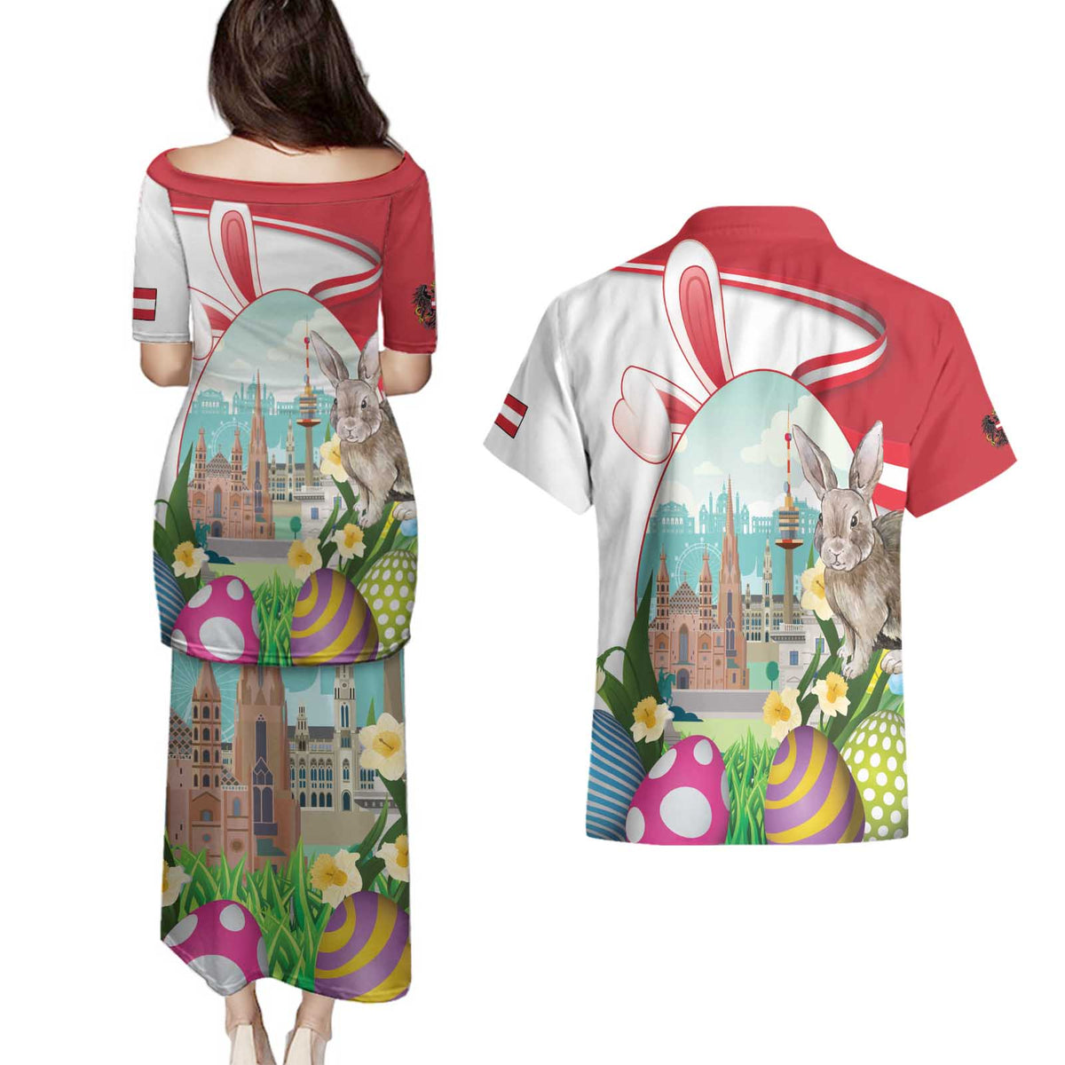 Happy Easter Austria Couples Matching Puletasi and Hawaiian Shirt Easter Eggs With St. Stephen's Cathedral