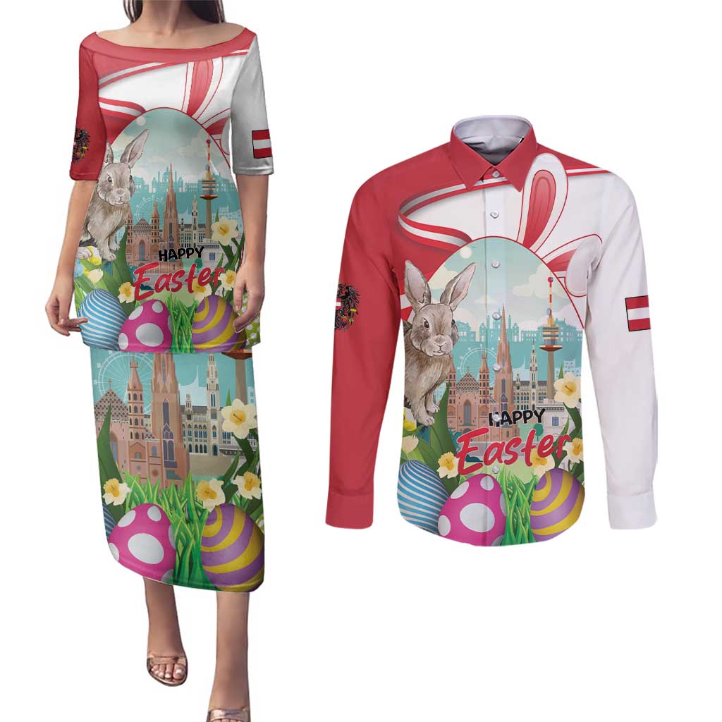 Happy Easter Austria Couples Matching Puletasi and Long Sleeve Button Shirt Easter Eggs With St. Stephen's Cathedral