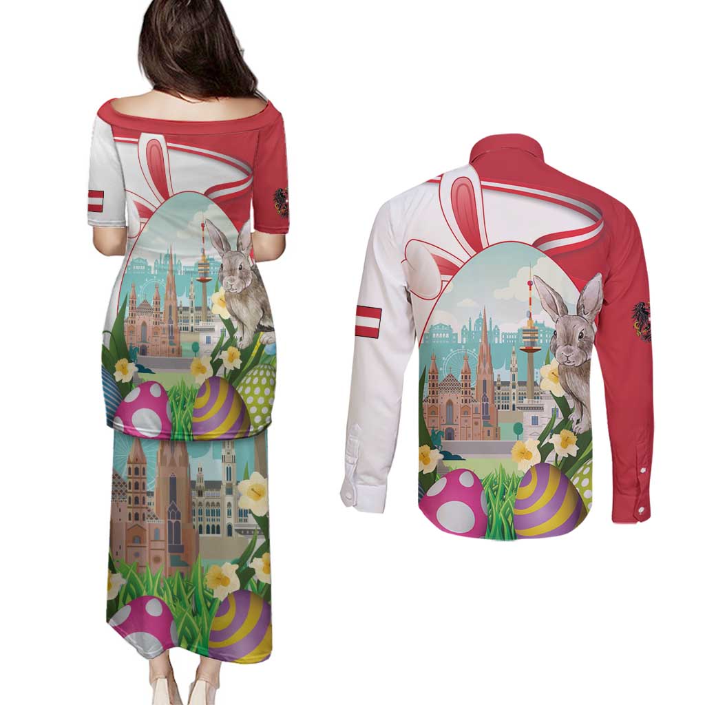 Happy Easter Austria Couples Matching Puletasi and Long Sleeve Button Shirt Easter Eggs With St. Stephen's Cathedral