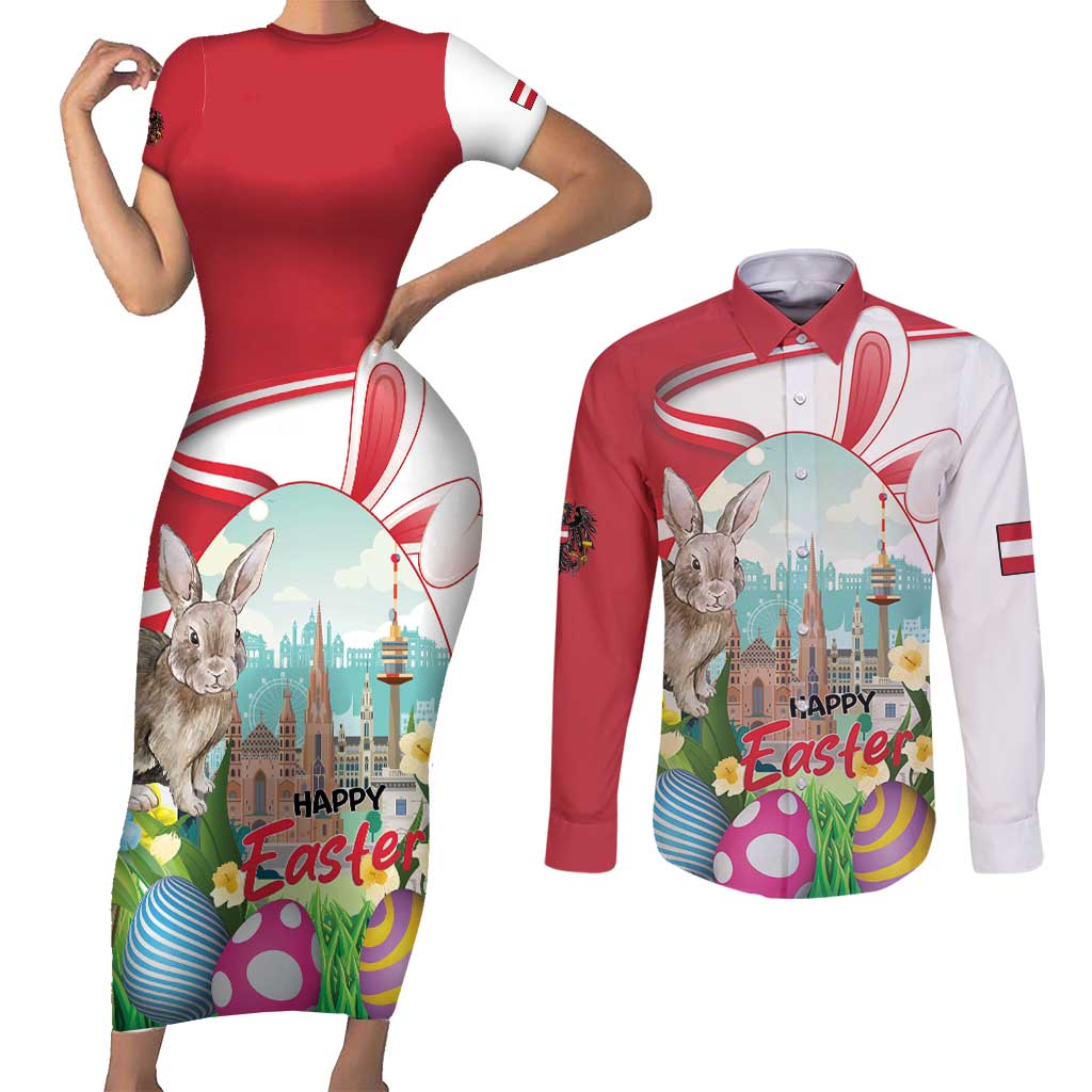 Happy Easter Austria Couples Matching Short Sleeve Bodycon Dress and Long Sleeve Button Shirt Easter Eggs With St. Stephen's Cathedral