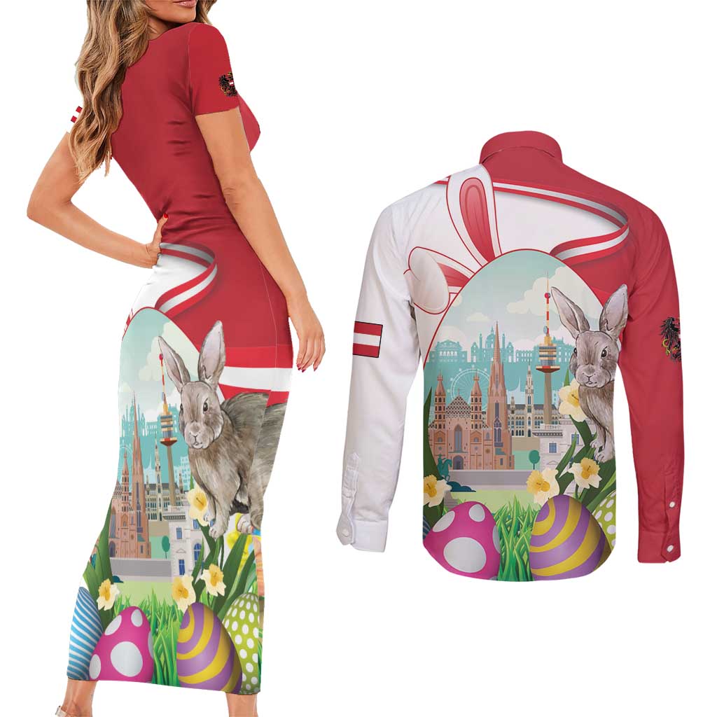 Happy Easter Austria Couples Matching Short Sleeve Bodycon Dress and Long Sleeve Button Shirt Easter Eggs With St. Stephen's Cathedral