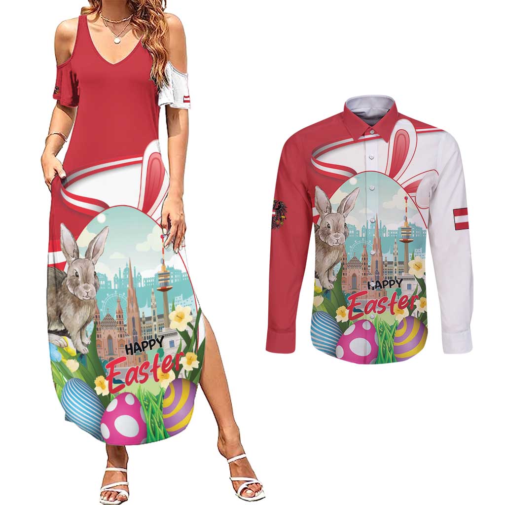 Happy Easter Austria Couples Matching Summer Maxi Dress and Long Sleeve Button Shirt Easter Eggs With St. Stephen's Cathedral