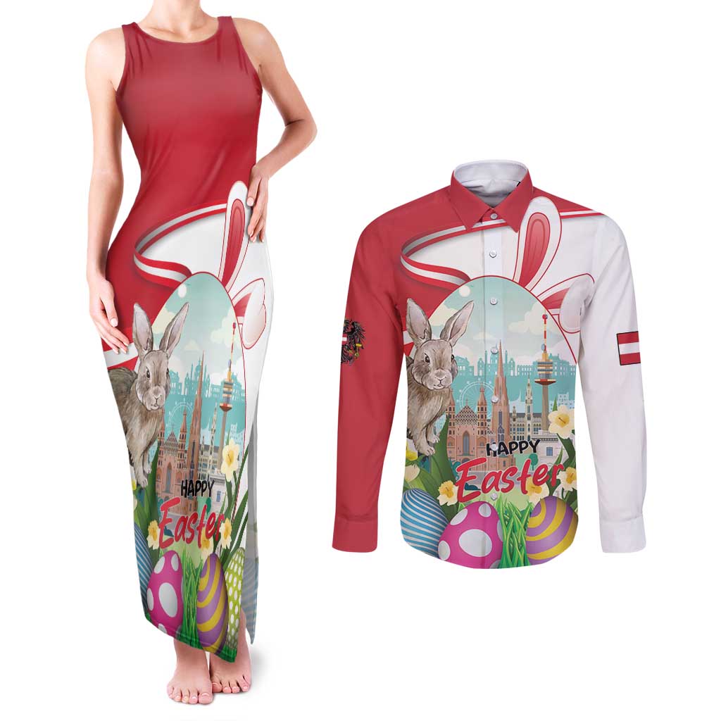 Happy Easter Austria Couples Matching Tank Maxi Dress and Long Sleeve Button Shirt Easter Eggs With St. Stephen's Cathedral