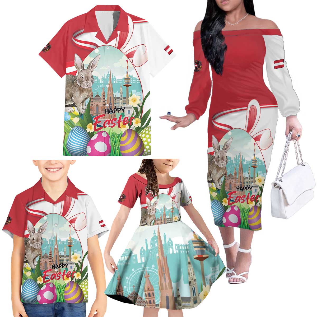 Happy Easter Austria Family Matching Off The Shoulder Long Sleeve Dress and Hawaiian Shirt Easter Eggs With St. Stephen's Cathedral