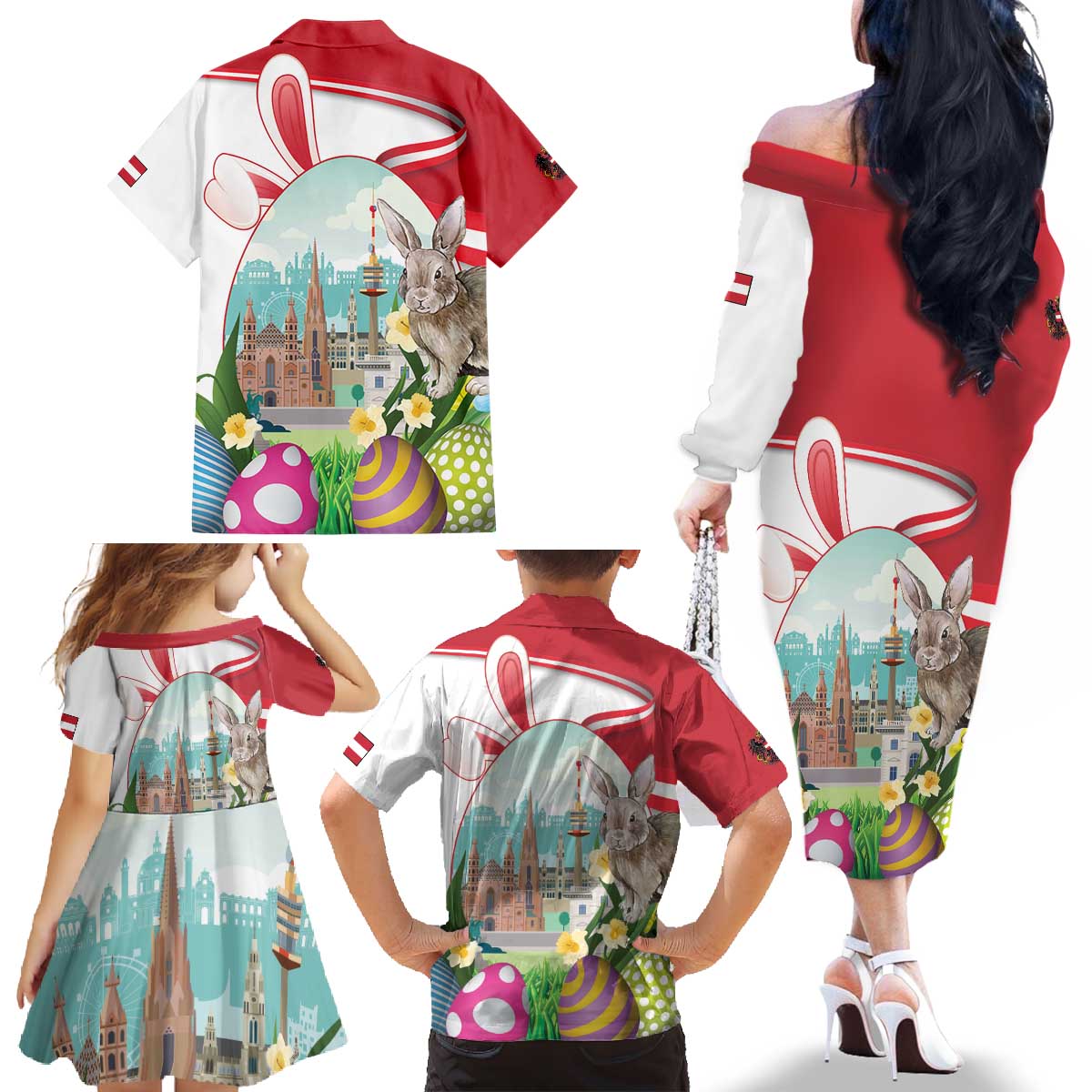 Happy Easter Austria Family Matching Off The Shoulder Long Sleeve Dress and Hawaiian Shirt Easter Eggs With St. Stephen's Cathedral