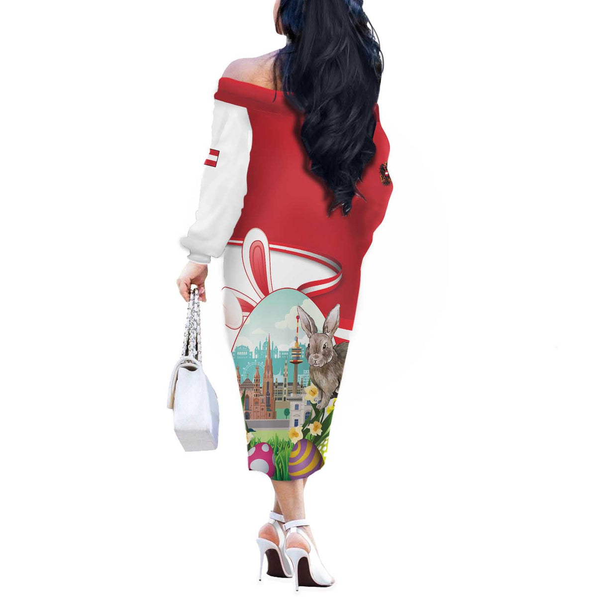 Happy Easter Austria Off The Shoulder Long Sleeve Dress Easter Eggs With St. Stephen's Cathedral