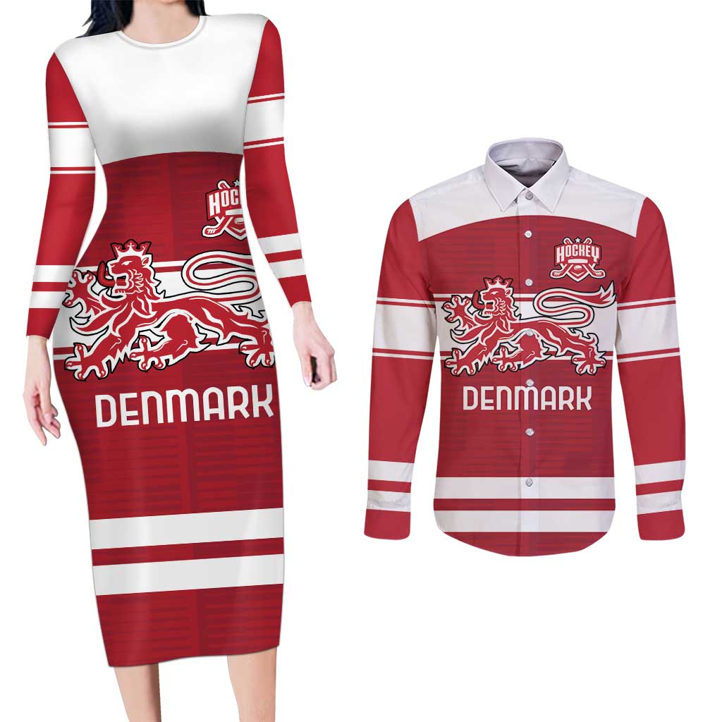 Custom Denmark Hockey Couples Matching Long Sleeve Bodycon Dress and Long Sleeve Button Shirt Danish Lions