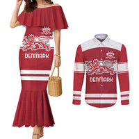 Custom Denmark Hockey Couples Matching Mermaid Dress and Long Sleeve Button Shirt Danish Lions