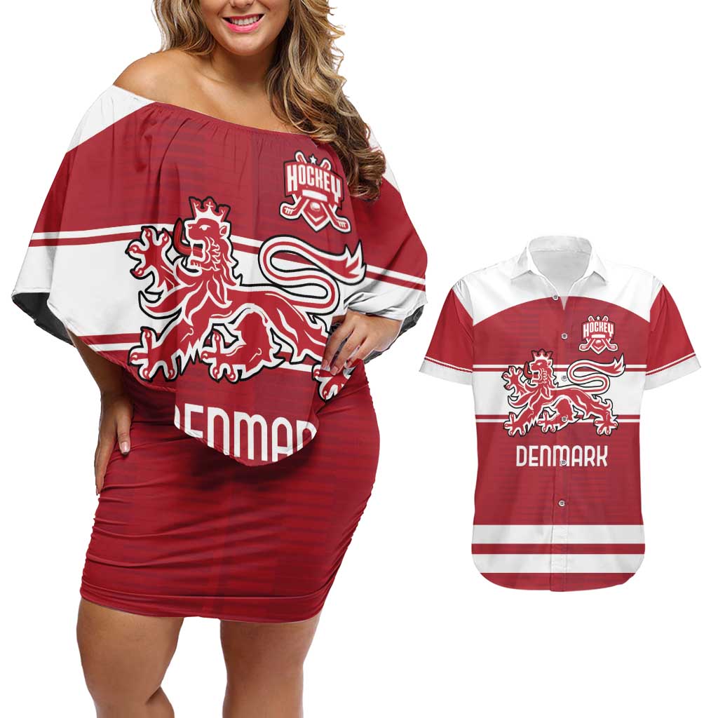 Custom Denmark Hockey Couples Matching Off Shoulder Short Dress and Hawaiian Shirt Danish Lions