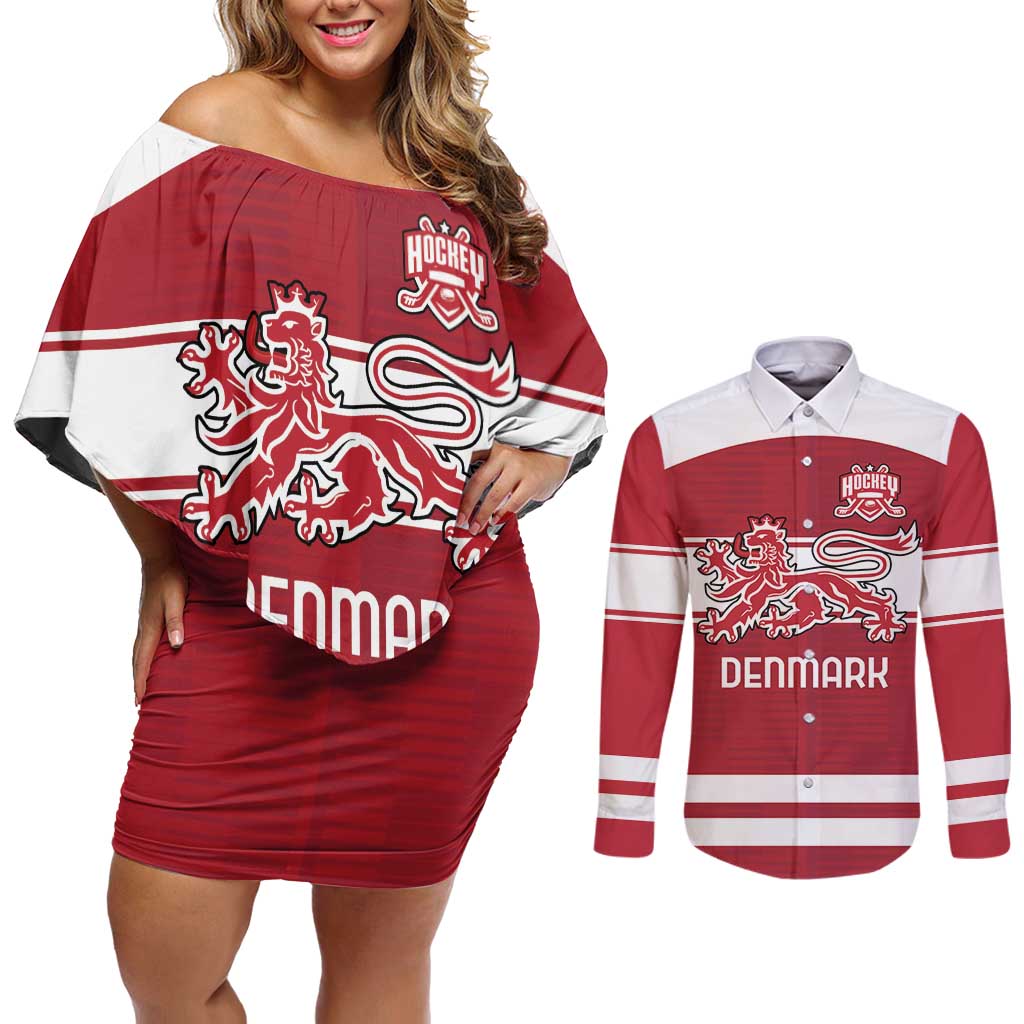 Custom Denmark Hockey Couples Matching Off Shoulder Short Dress and Long Sleeve Button Shirt Danish Lions