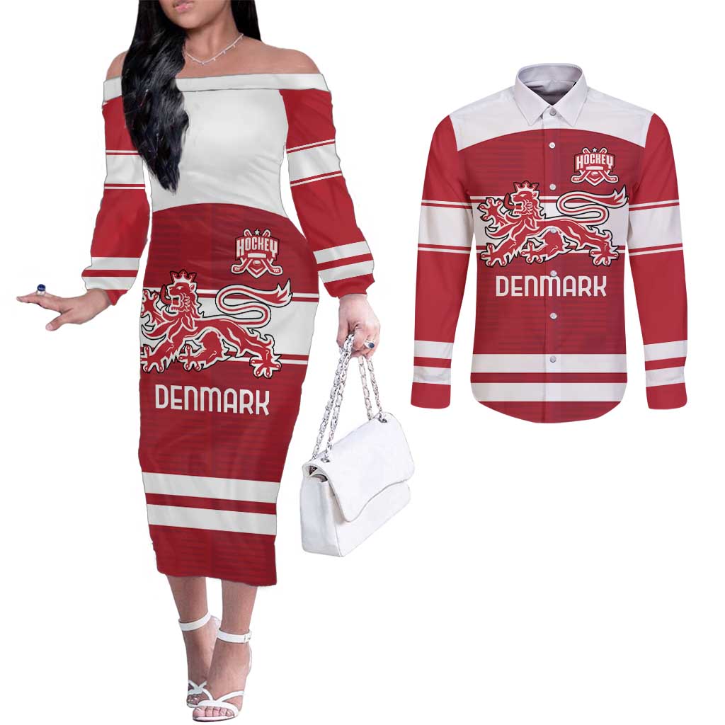 Custom Denmark Hockey Couples Matching Off The Shoulder Long Sleeve Dress and Long Sleeve Button Shirt Danish Lions