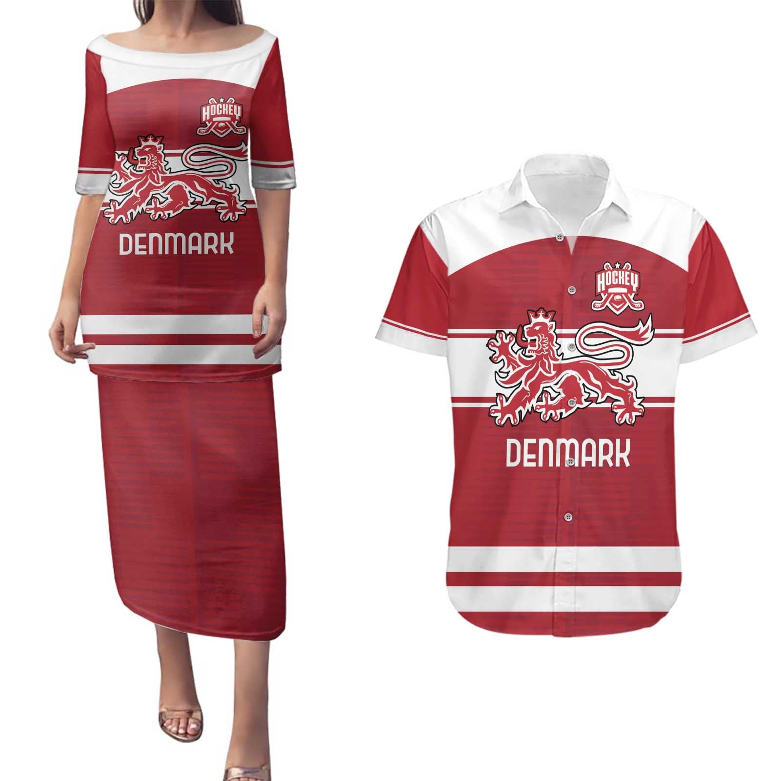 Custom Denmark Hockey Couples Matching Puletasi and Hawaiian Shirt Danish Lions